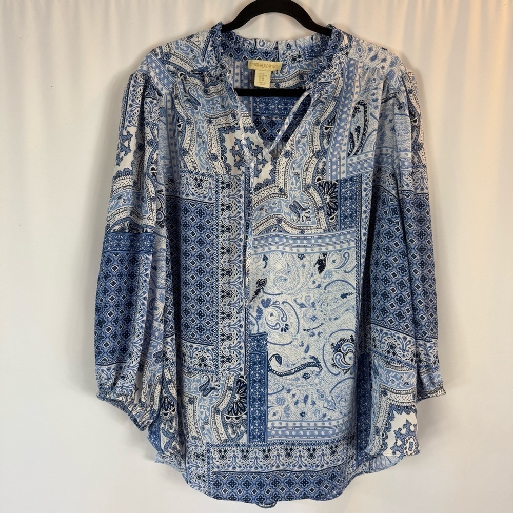 Cynthia Rowley Blue Patchwork Blouse Plus Size 2X Bow-Tie Neck Flowy Sleeve
Boho